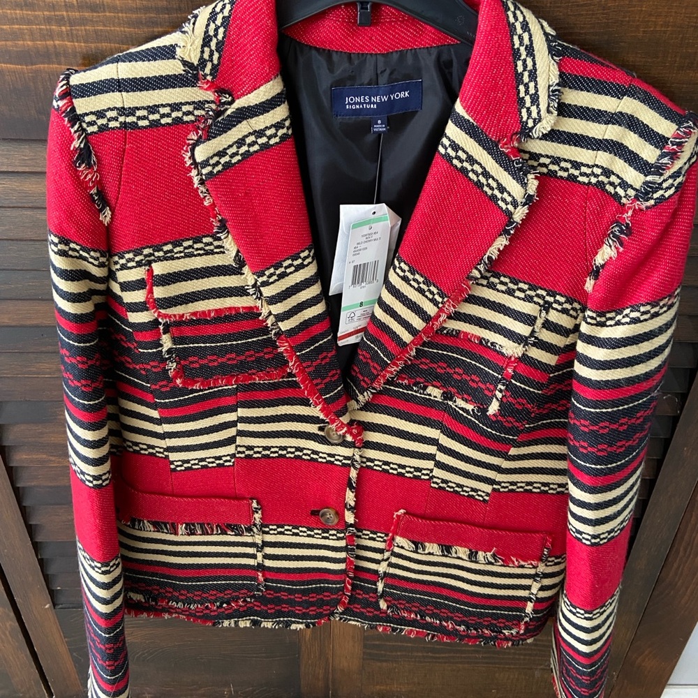 Jones New York Red, Black & Cream Striped Fringe-Trim Blazer